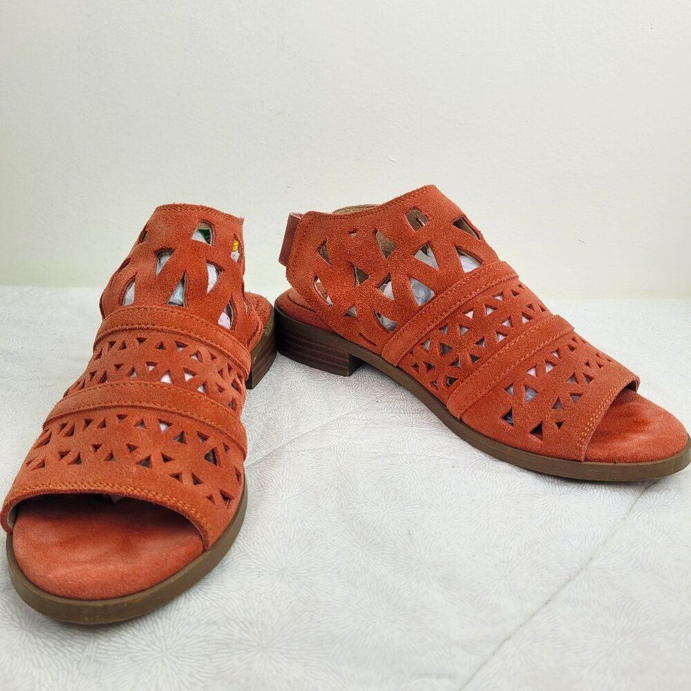 Diba Dreamer laser cut out suede orange slingback sandals low heel beach boho 8